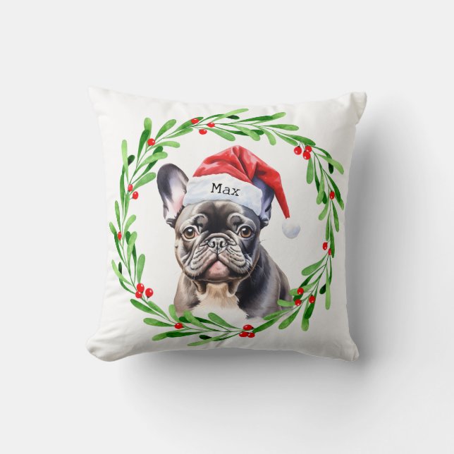 Christmas Dog Black Frenchie French Bulldog Santa Throw Pillow (Front)