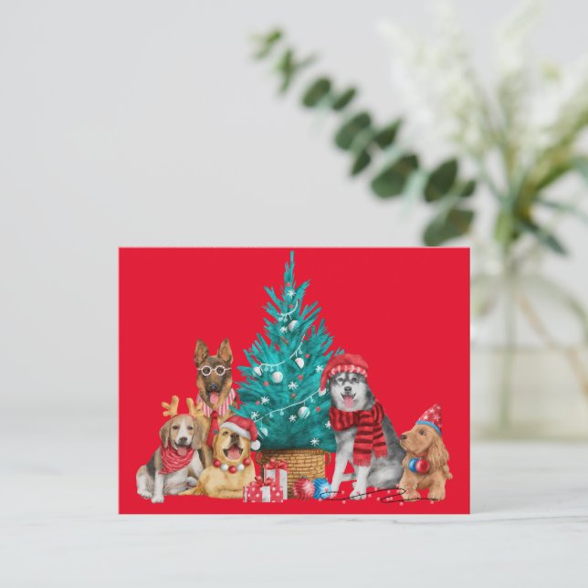 Christmas dog by tree postcard (Standing Front)