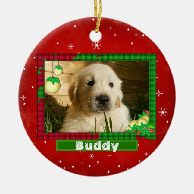 Christmas Dog Cat Photo Pet Name Cute Red Ceramic Ornament (Front)