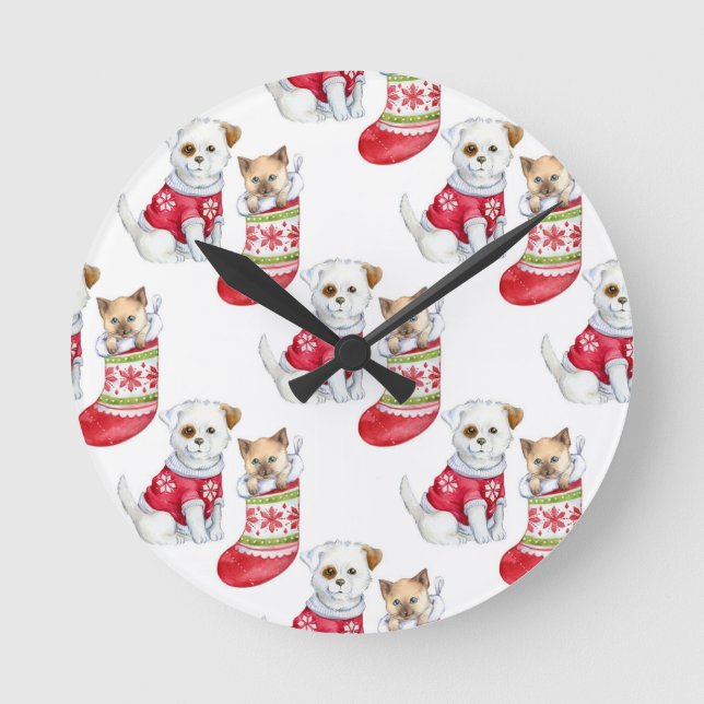 Christmas Dog & Cat Round Clock (Front)