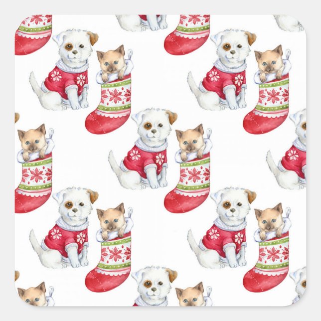 Christmas Dog & Cat Square Sticker (Front)