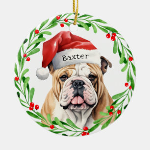 Christmas Dog English Bulldog Breed Santa Holiday Ceramic Ornament
