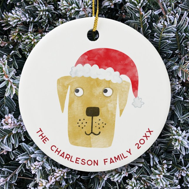 Christmas Dog Family Name Date Ceramic Ornament (Golden yellow labrador retriever dog in a Santa hat personalized family name date ceramic ornament)
