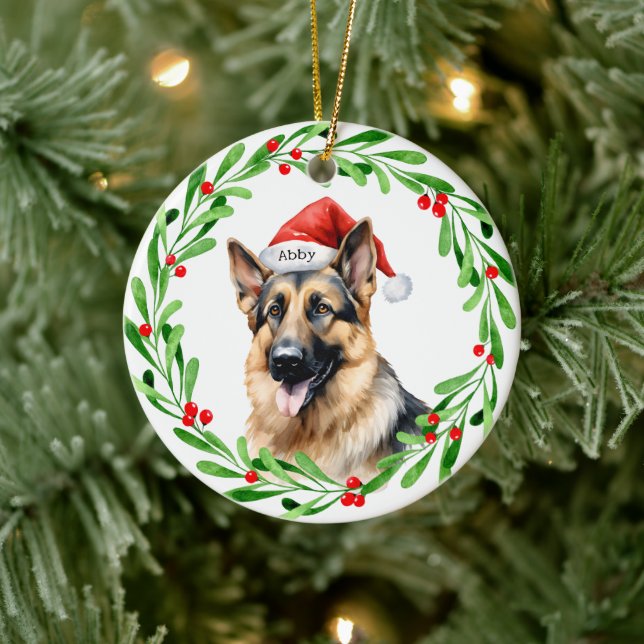 Christmas Dog German Shepherd Santa Ceramic Ornament (Tree)