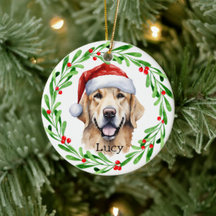 Christmas Dog Golden Retriever Santa Holiday Ceramic Ornament