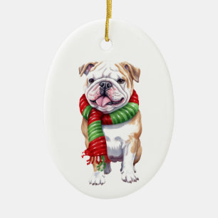 Christmas Dog, Holiday Bulldog, Ceramic Ornament