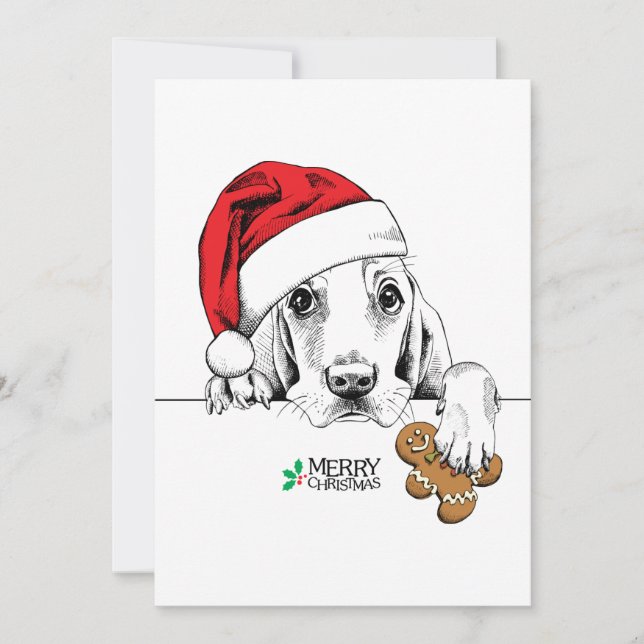 Christmas Dog In Santa Hat Holding Gingerbread Man Holiday Card (Front)