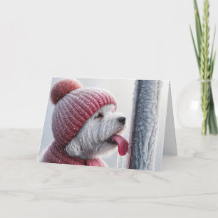 Christmas Dog Licking A Frozen Pole Holiday Card