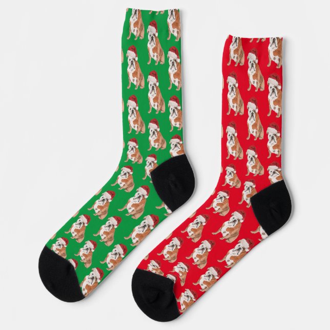 Christmas Dog Lover Bull Dog Pattern Fun Red Green Socks (Left)