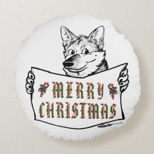 Christmas Dog: Merry Christmas! Round Pillow
