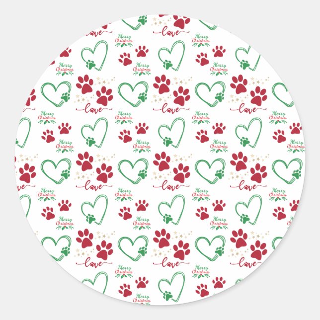 Christmas DOG PAW PRINTS and LOVE HEARTS Festive Classic Round Sticker (Front)