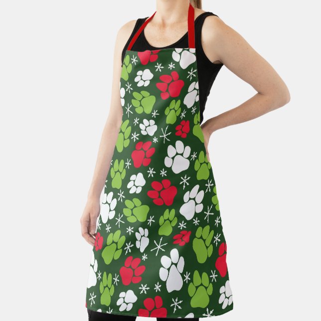 Christmas Dog Paw Prints Pattern Dog Groomers Apron (Insitu)