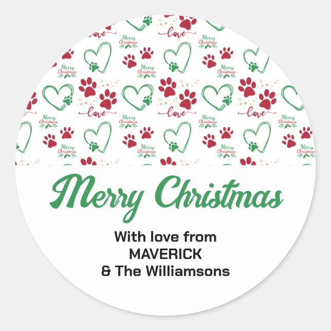 Christmas DOG PAW PRINTS Personalized Family Classic Round Sticker (Front)