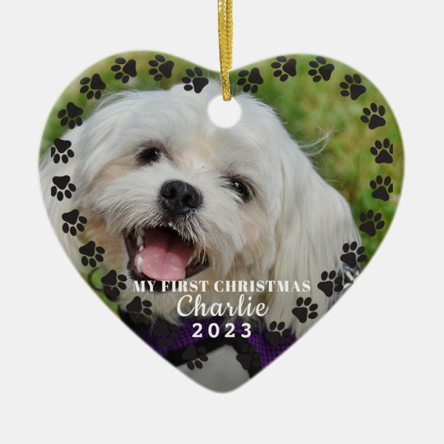Christmas Dog Paw Prints Personalized Pet Photo  Ceramic Ornament (Front)