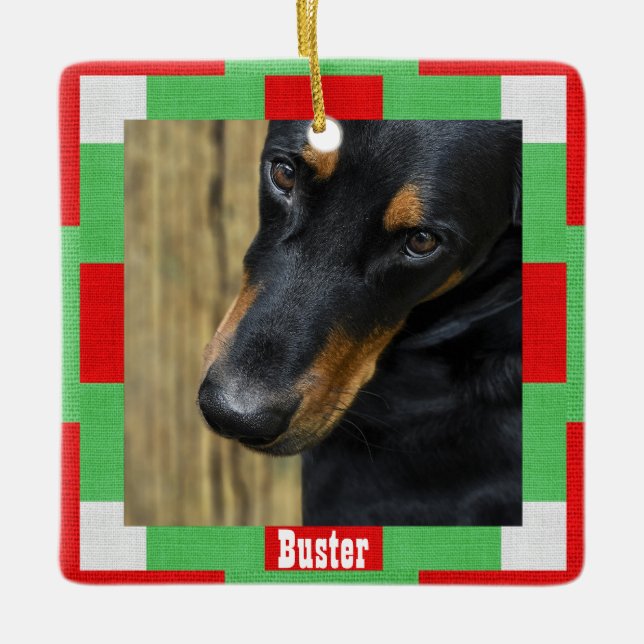Christmas Dog Pet Photo Name Red Green Square Ceramic Ornament (Front)