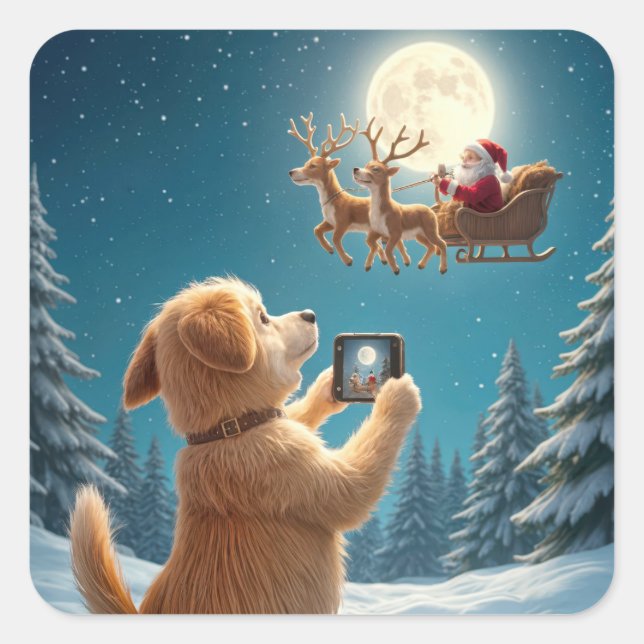 Christmas Dog Photographing Santa Claus In Sleigh Square Sticker (Front)