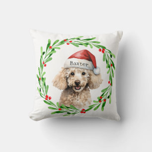 Christmas Dog Poodle Santa Hat Holiday Throw Pillow