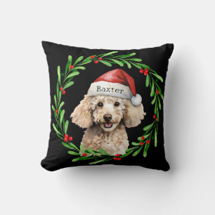 Christmas Dog Poodle Santa Hat Holiday Throw Pillow