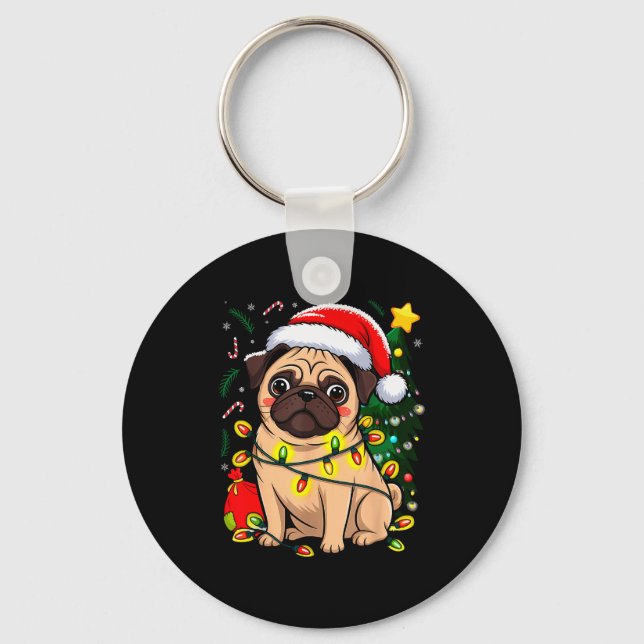 Christmas Dog Santa Clause Pug Puppy X-mas  Keychain (Front)