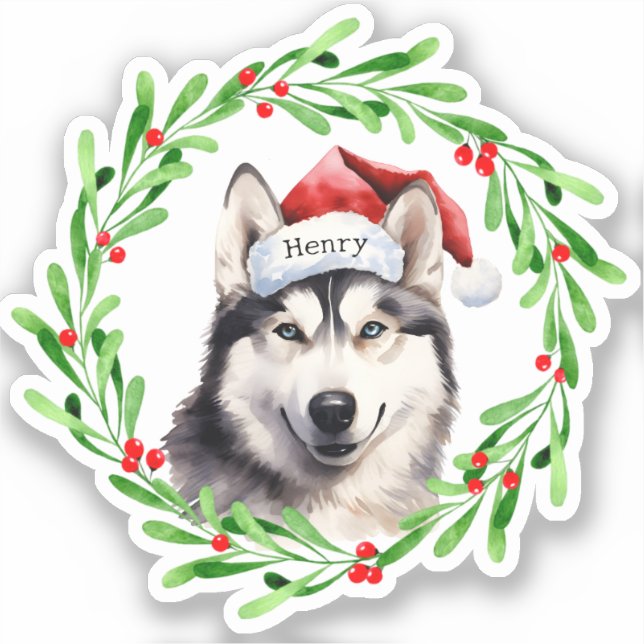 Christmas Dog Siberian Husky Santa Hat Holiday (Front)