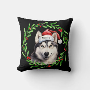 Christmas Dog Siberian Husky Santa Hat Holiday Throw Pillow