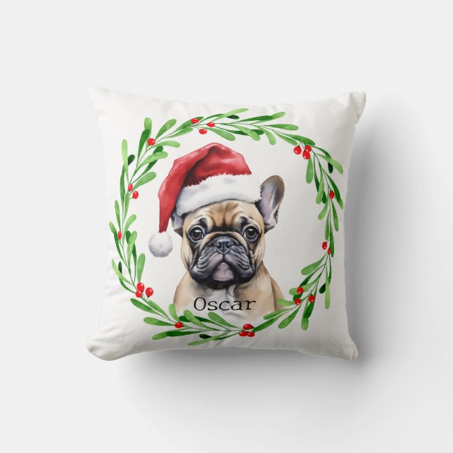 Christmas Dog Tan Frenchie French Bulldog Pet Throw Pillow (Front)