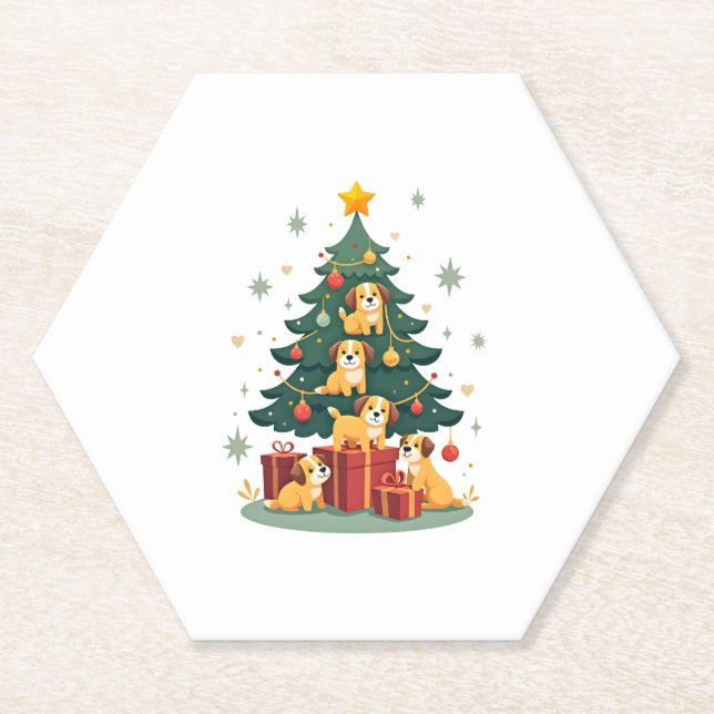 Christmas Dog Tree T-Shirt Cute Funny Puppy Dogs X Paper Coaster (Front)