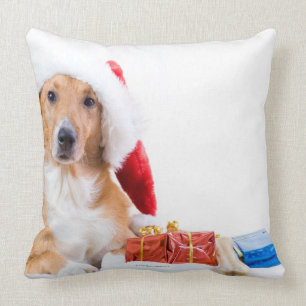 Christmas dog with antler and colourful gifts throw pillow