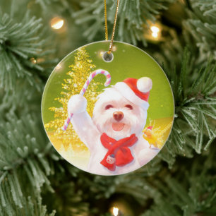Christmas Dog with Candy Cane Ceramic Ornament