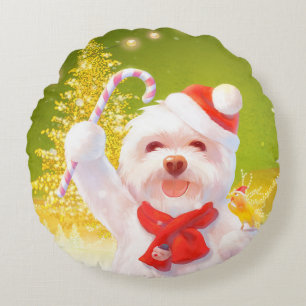 Christmas Dog with Candy Cane Round Pillow