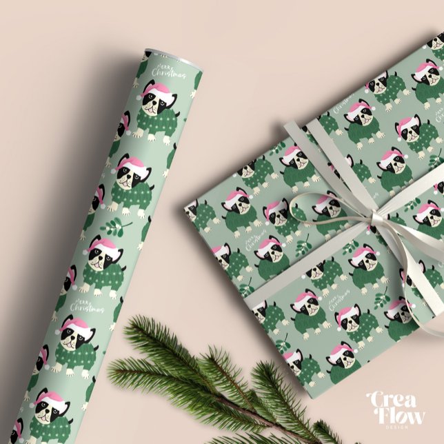 Christmas Dog wrapping paper (Christmas wrap paper featuring cute Frenchie with knitted overall and text Merry Christmas.)