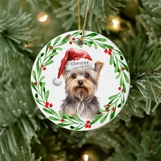 Christmas Dog Yorkie Yorkshire Terrier Holidays Ceramic Ornament (Tree)