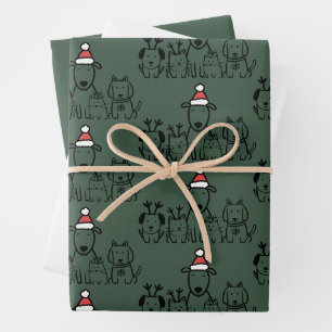 Christmas Dogs and Cats Reindeer Holiday Wrapping Paper Sheet