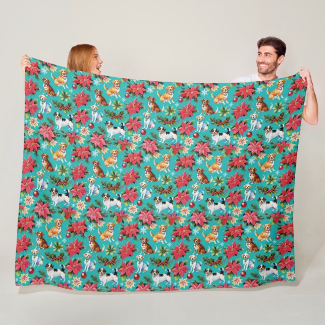 Christmas Dogs and Holly Holiday Festive Fleece Blanket (In Situ)