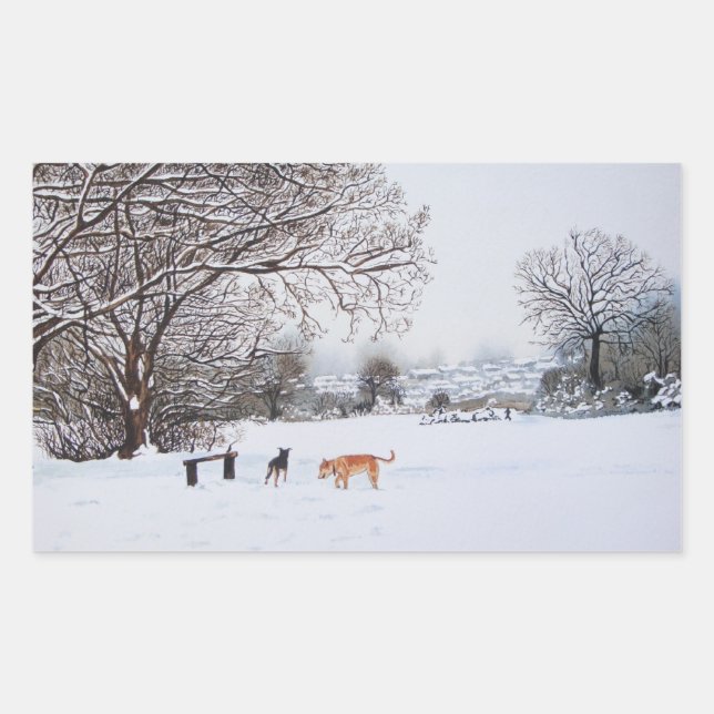 christmas dogs atmospheric landscape snow scene sticker (Front)