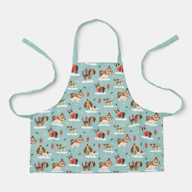 Christmas Dogs in Cozy Scarves Pattern Apron (Front)