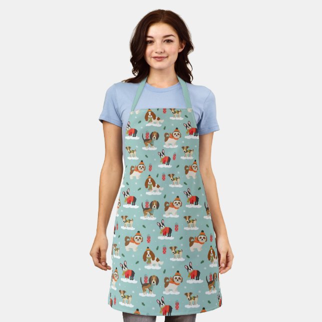 Christmas Dogs in Cozy Scarves Pattern Apron (Worn)