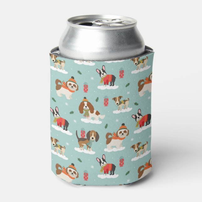Christmas Dogs in Cozy Scarves Pattern Can Cooler (Can Front)