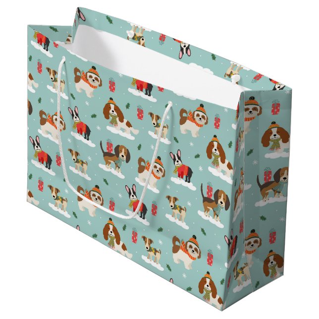 Christmas Dogs in Cozy Scarves Pattern Large Gift Bag (Front Angled)