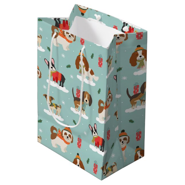 Christmas Dogs in Cozy Scarves Pattern Medium Gift Bag (Front Angled)