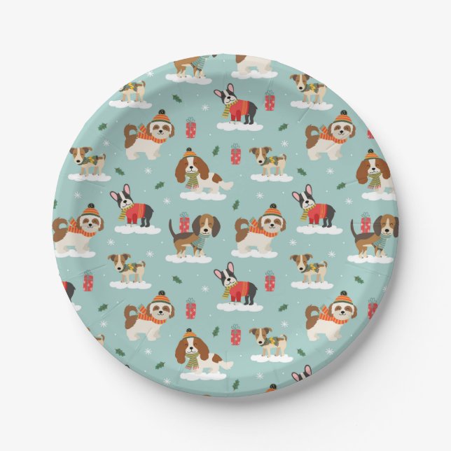 Christmas Dogs in Cozy Scarves Pattern Paper Plate (Front)