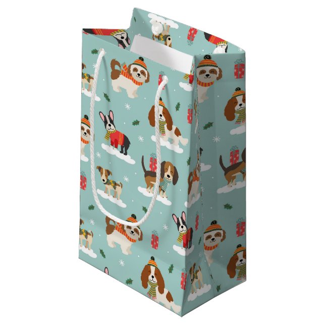 Christmas Dogs in Cozy Scarves Pattern Small Gift Bag (Front Angled)