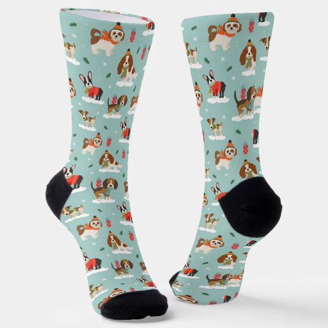 Christmas Dogs in Cozy Scarves Pattern Socks (Angled)