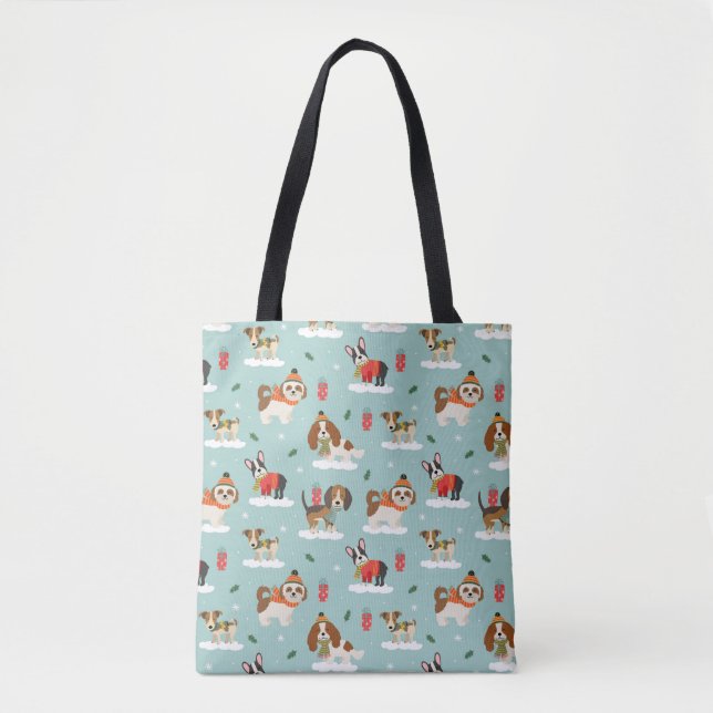 Christmas Dogs in Cozy Scarves Pattern Tote Bag (Front)