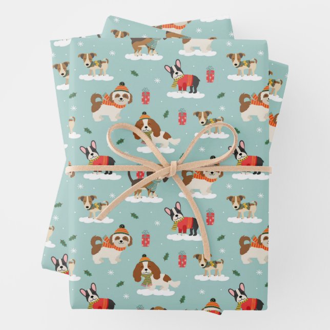 Christmas Dogs in Cozy Scarves Pattern Wrapping Paper Sheet (In situ)
