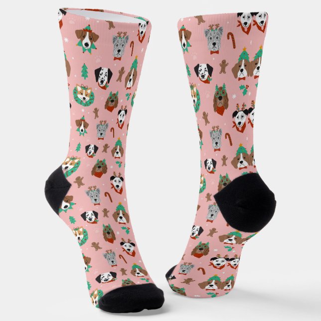 Christmas Dogs in Holiday Accessories Pattern Socks (Angled)
