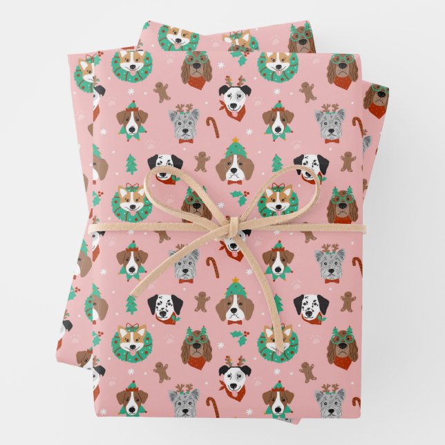 Christmas Dogs in Holiday Accessories Pattern Wrapping Paper Sheet (In situ)