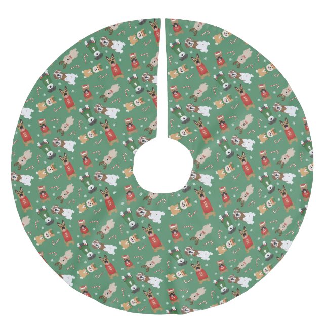 Christmas Dogs Pattern Red Green Brushed Polyester Tree Skirt (Front)