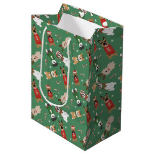 Christmas Dogs Pattern Red Green Medium Gift Bag