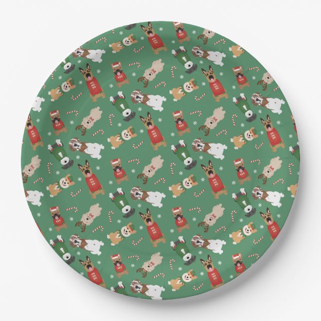 Christmas Dogs Pattern Red Green Paper Plate (Front)